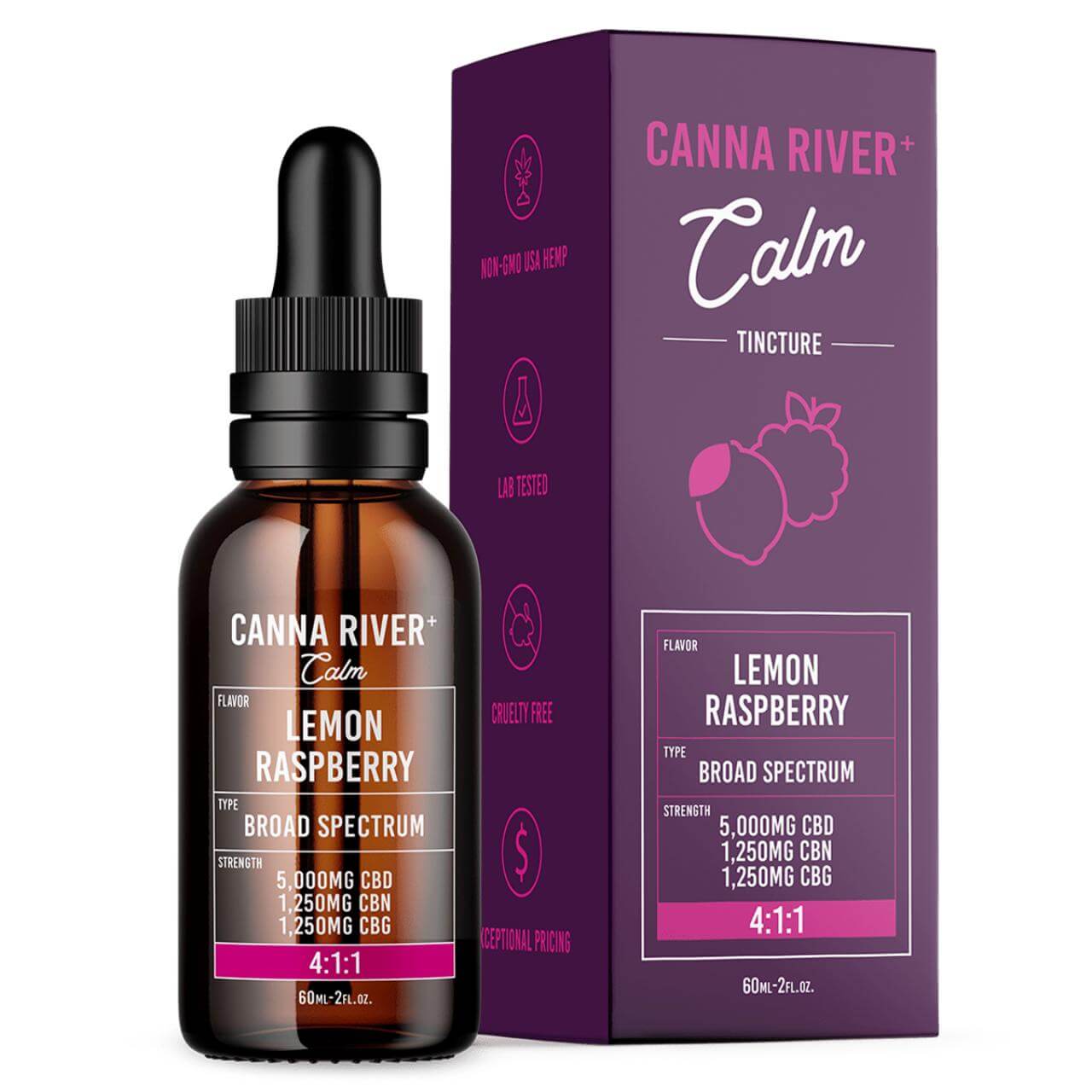 Canna River CBD+CBN+CBG Lemon Raspberry Broad Spectrum Calm Tincture-60ML