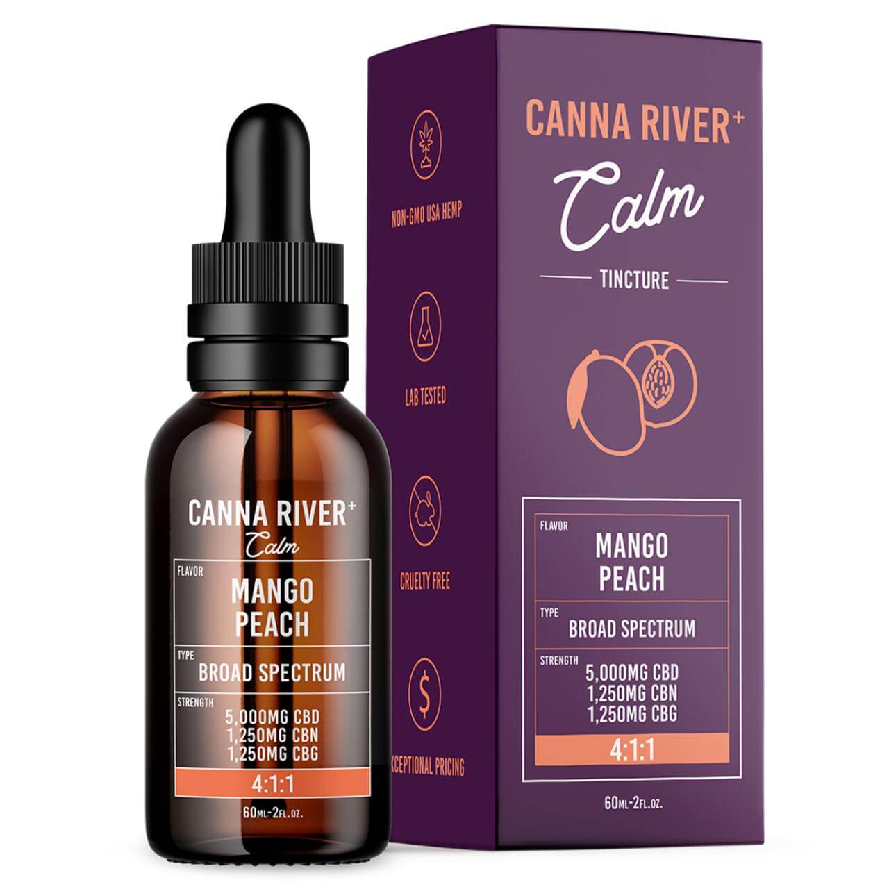Canna River CBD+CBN+CBG Mango Peach Broad Spectrum Calm Tincture-60ML