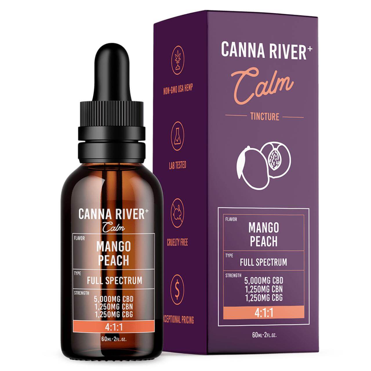 Canna River CBD+CBN+CBG Mango Peach Full Spectrum Calm Tincture-60ML